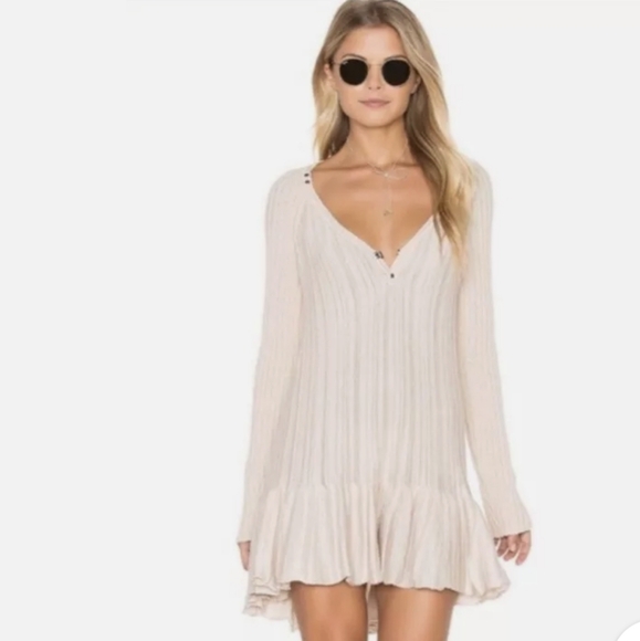 Free People Olive Green Rib & Ruffles Sweater Dress/Tunic Size Small - Picture 5 of 16